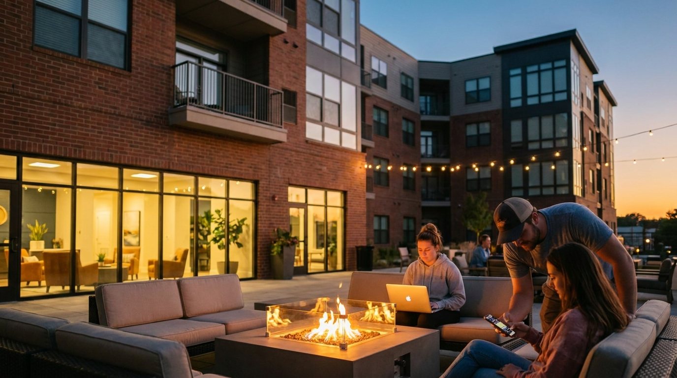 A sunlit courtyard at a multifamily apartment property